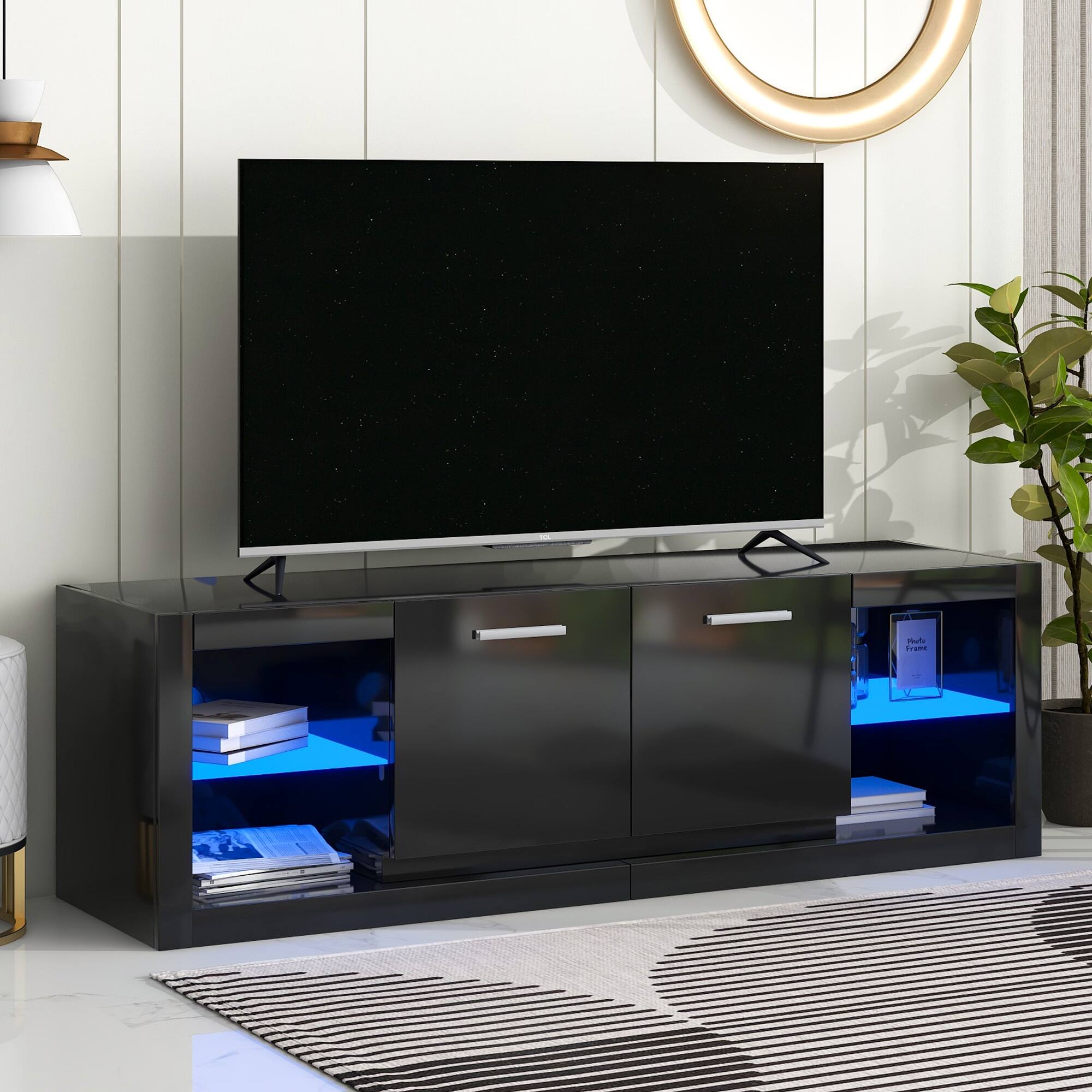 Modern LED TV Stand Media with 2 Tempered Glass Shelves, High